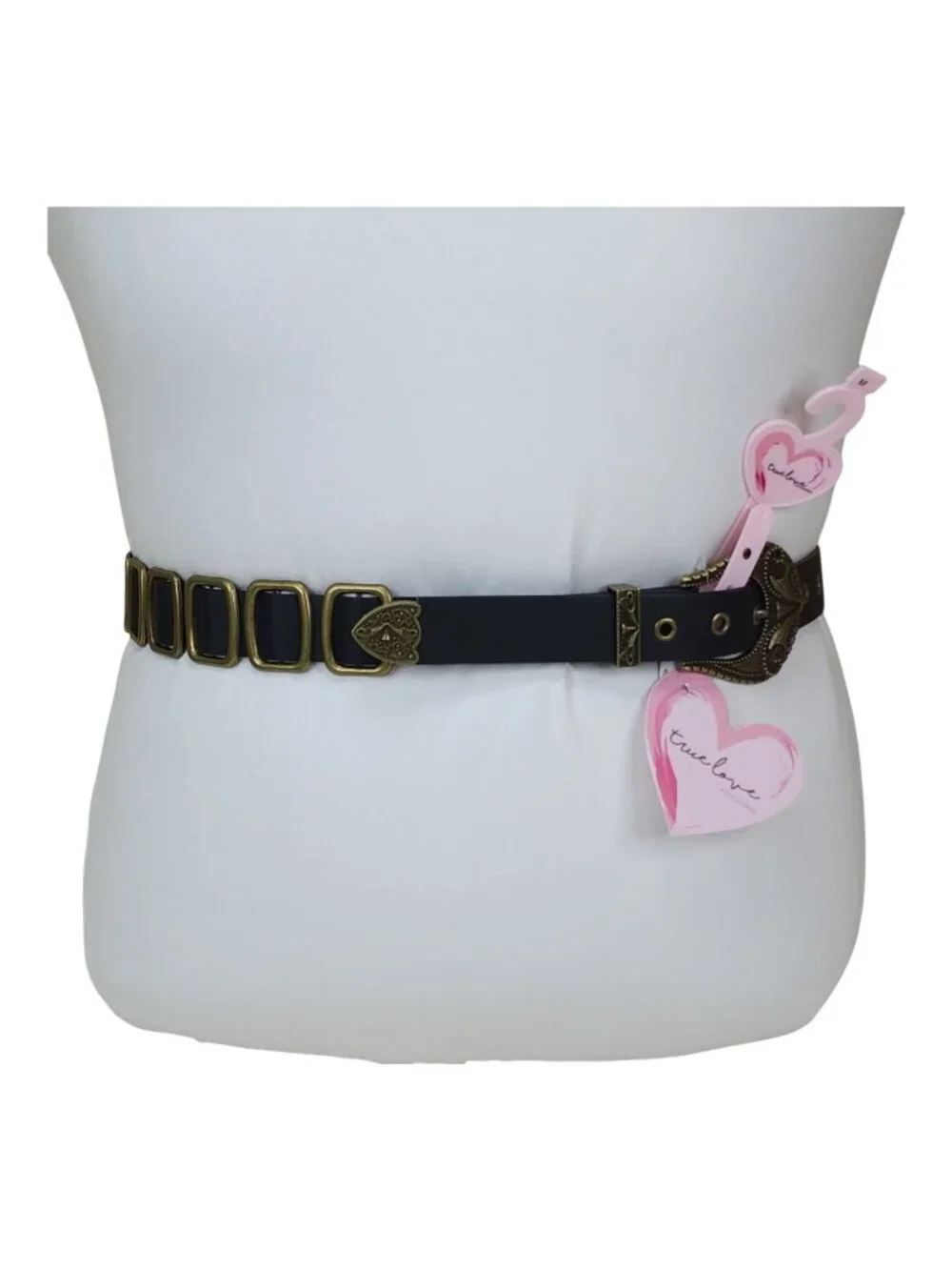 True Love Accessories Black Belt Brass Accents With Heart Buckle Medium 42 1/2